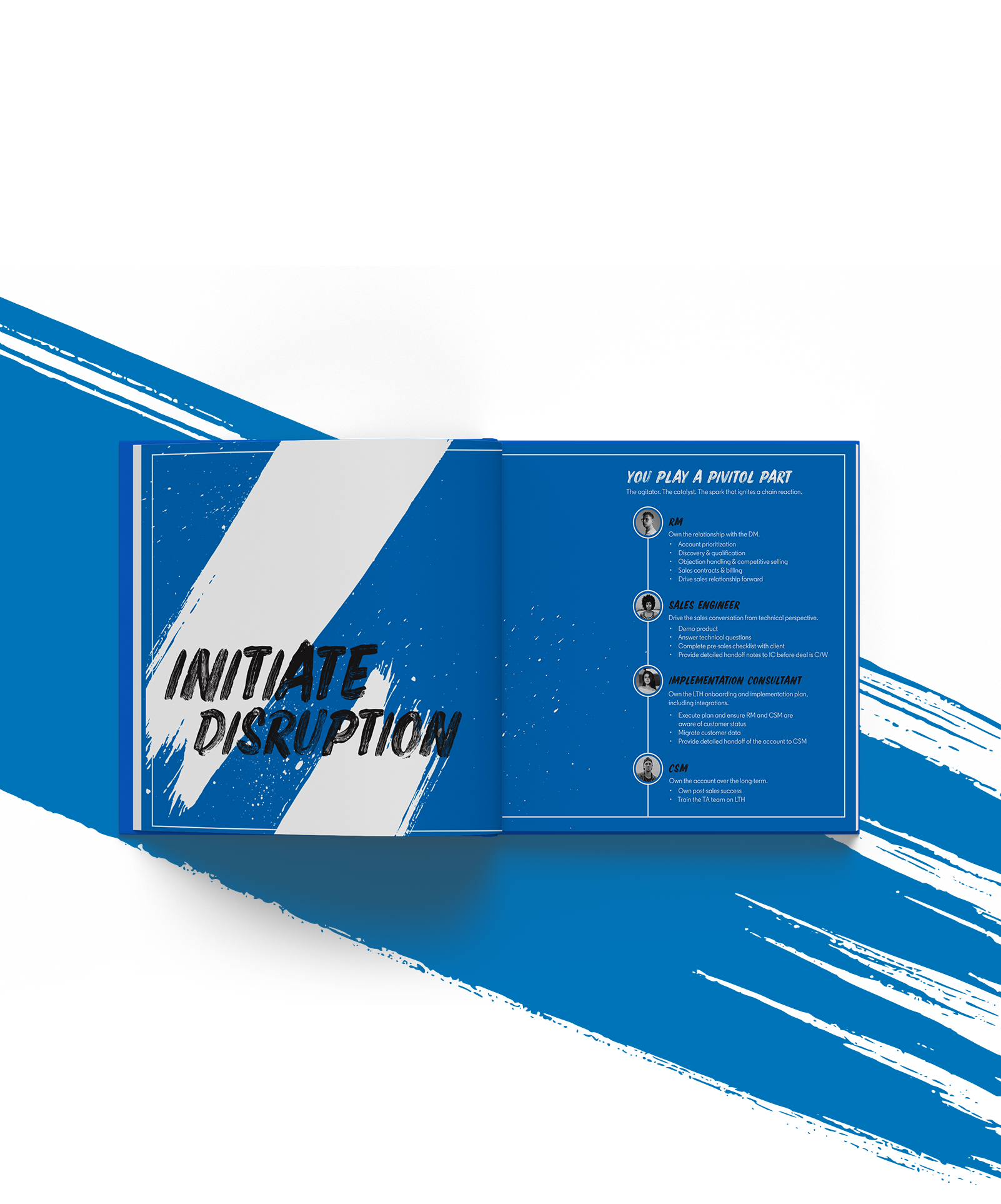 Booklet spread with blue paint splash behind marketing brochure design