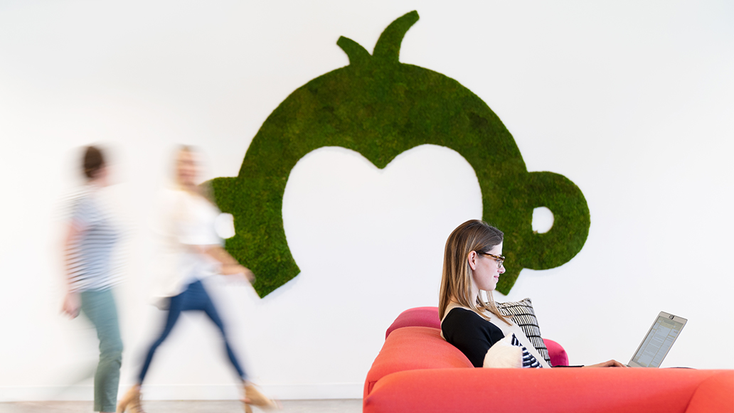 Surveymonkey logo design on wall with motion blurred people walking by