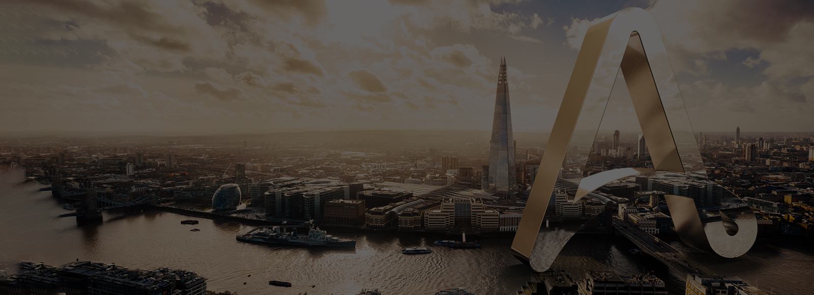 Reflective 3D Automation Anywhere logo over cityscape