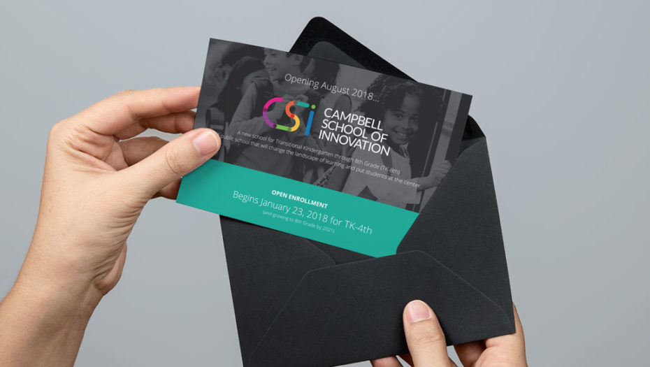 Campbell School of Innovation invitation logo design postcard