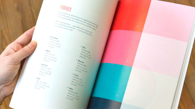 Hand flipping through the pages of brand guidelines marketing design