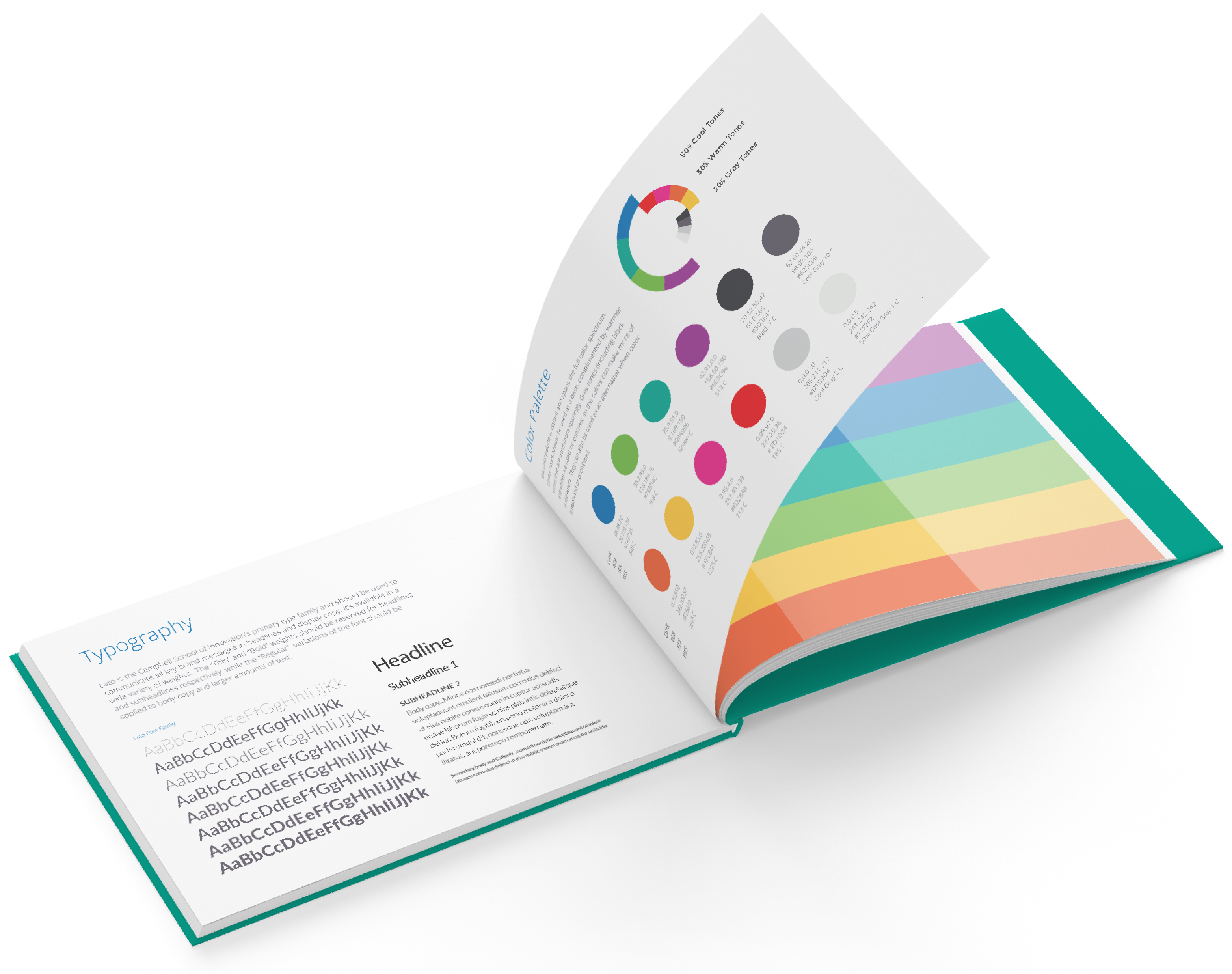 The typography and color spread in a brand guidelines book