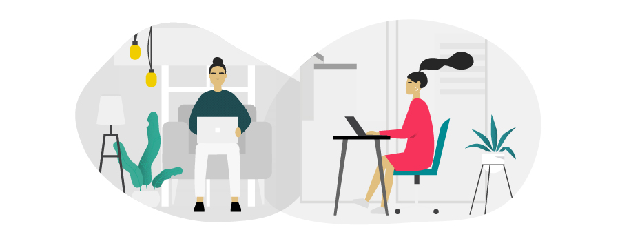 Design in Mind - Blog - Hybrid work for creatives - illustration of people working from home and in an office