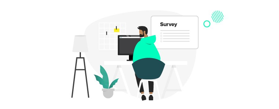 Design in Mind - Blog - Hybrid work for creatives - illustration of a person working at a desk on a monitor, taking a survey